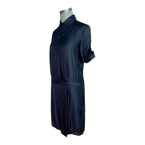 Ulmia Staff Influx Button Front Wrap Dress M Black Satin Short Sleeve 39" VG - Picture 3 of 8